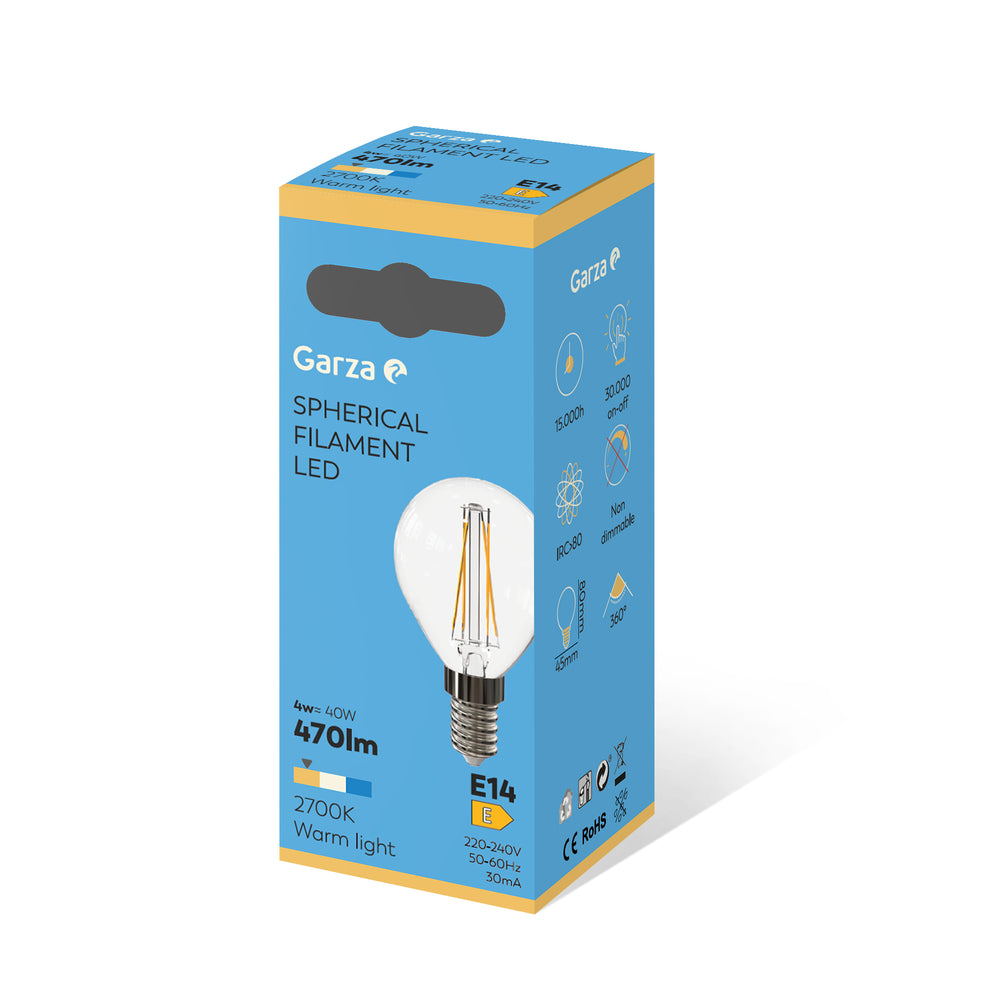 Bombilla Led Filamento Clear Esférica  G45 E14 4W, 470 lúmenes, 2700K