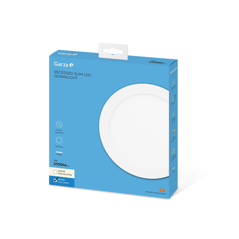 Downlight Led Empotrable Circular Extraplano Blanco ø225mm, 22W, 2100 lúmenes, 6500K
