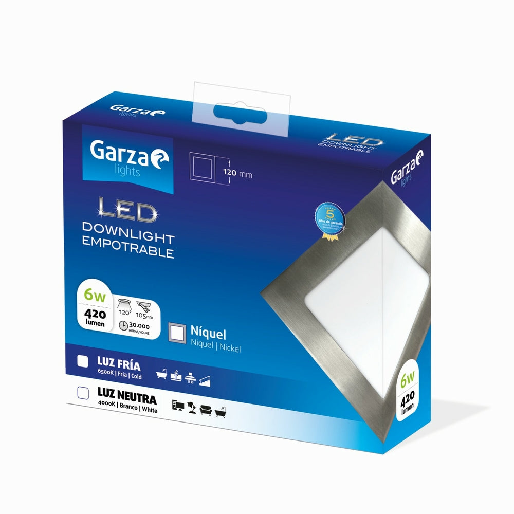 Downlight Led Empotrable Cuadrado Extraplano Nickel ø120mm, 6W, 420 lúmenes, 6500K