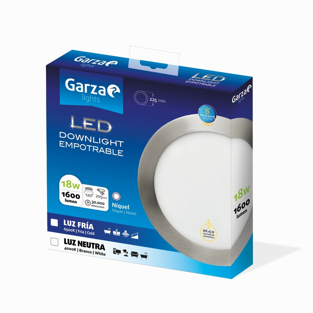 Downlight Led Empotrable Circular Extraplano Nickel ø225mm, 18W, 1600 Lúmenes, 4000K