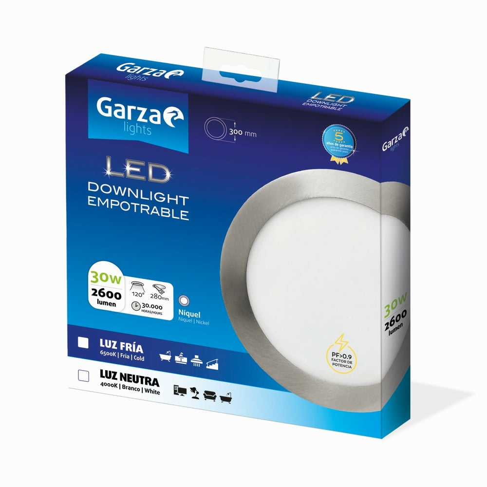 Downlight Led Empotrable Circular Extraplano Nickel ø300mm, 30W, 2600 lúmenes, 6500K