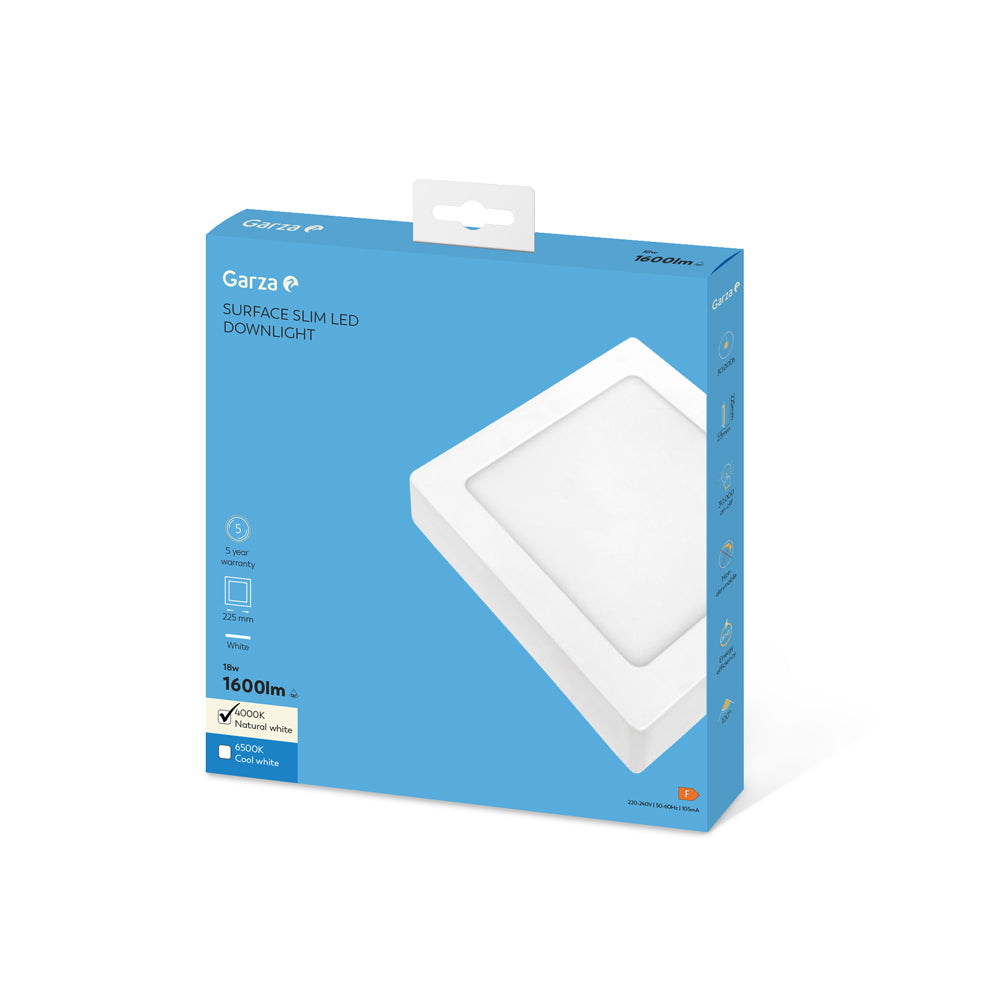 Downlight  Led de Superficie Cuadrado Blanco 225mm, 18W, 1600 lúmenes, 4000K