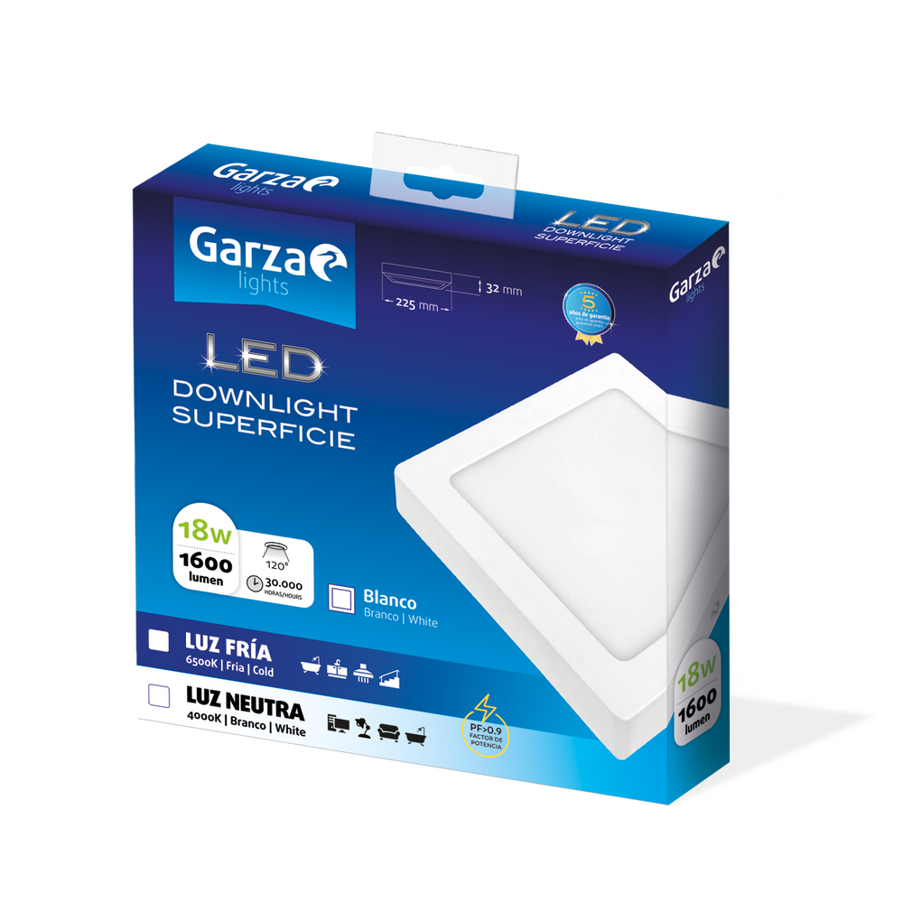 Downlight  Led de Superficie Cuadrado Blanco 225mm, 18W, 1600 lúmenes, 6500K