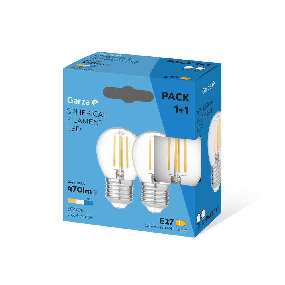 - Bombilla LED Filamento Esférica G45, Casquillo E27, Luz neutra (5000k), 4W, 470 Lúmenes, Ángulo de Luz de 360º, CRI 80 (Pack 1+1).