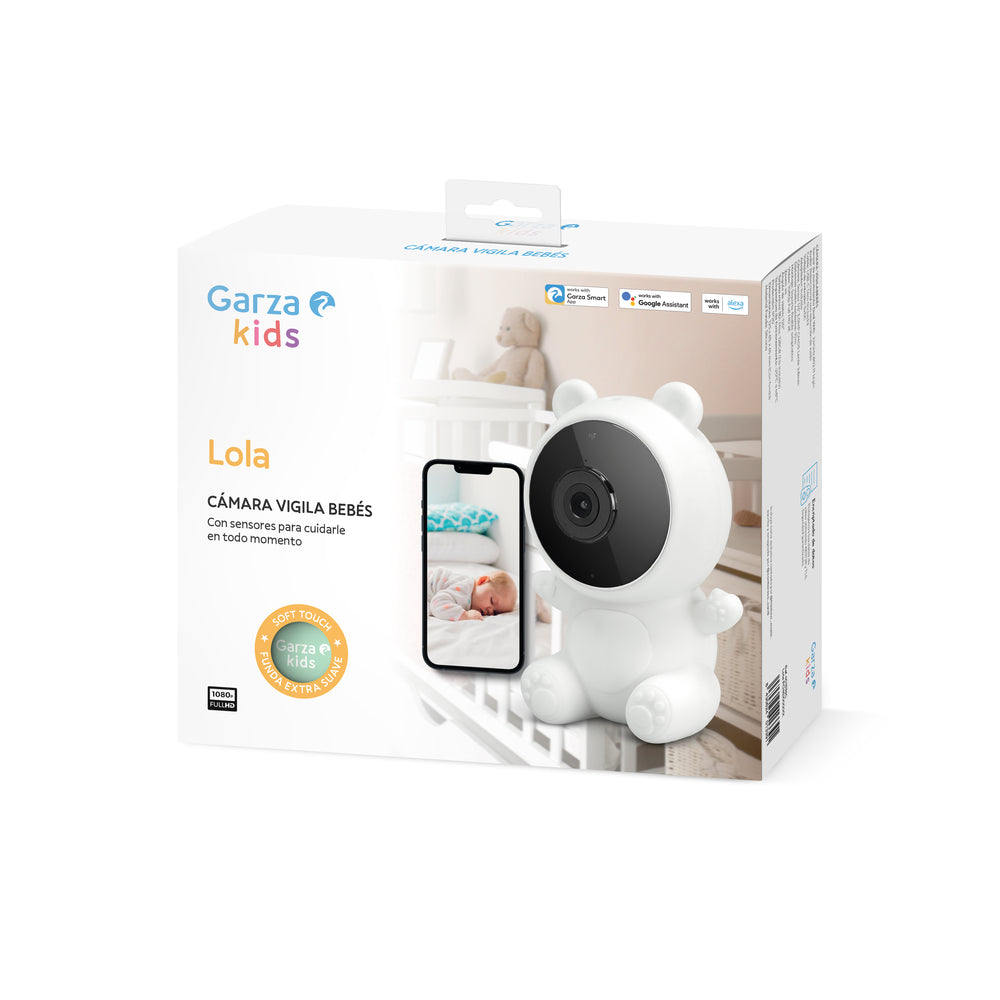 Kids - Cámara vigila bebés Lola 1080p HD con Sensor de temperatura, Visión nocturna, Detección de llantos, Nanas, Ruido blanco y Wifi 2.4 GHz. (3 Fundas + Soporte)