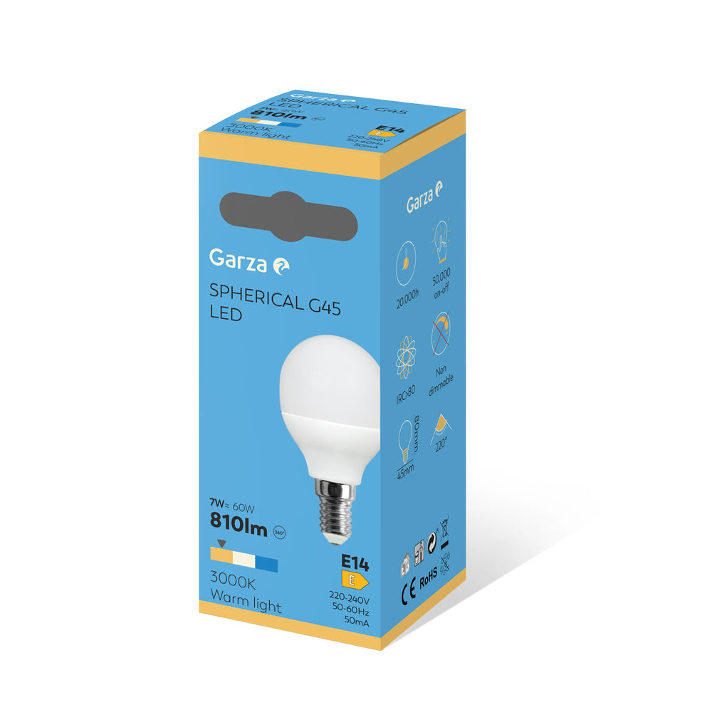 Bombilla Led Esférica, Luz cálida 3000K, Casquillo E14, 8W 810 lúmenes