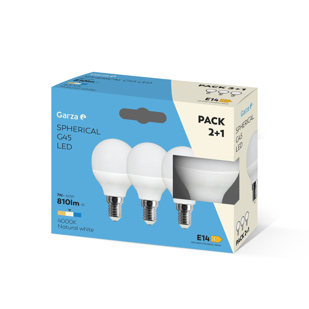 Bombilla LED Estándar G45, Casquillo E14, Luz neutra (4000k), 8W, 810 Lúmenes, Ángulo de Luz de 220º, CRI 80 (Pack 2+1).