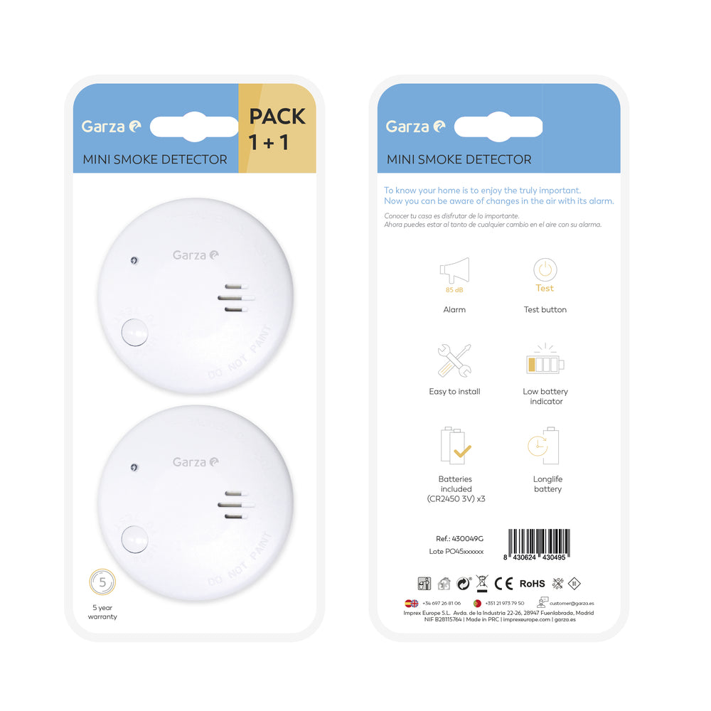 - Pack de 2 unidades Detector de Humo Mini con Sensor Fotoeléctrico y con Alarma de 85 dB, Blanco, Mini