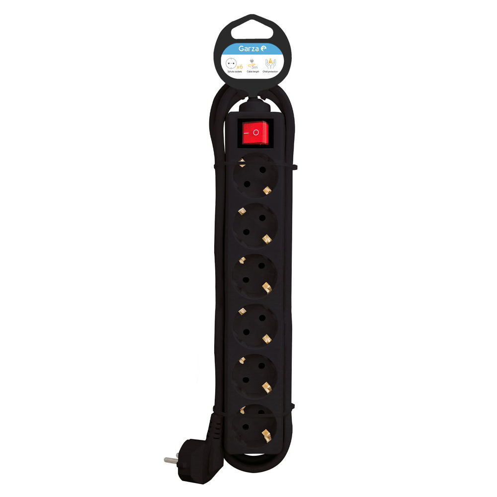 Regleta Basic con interruptor iluminado color negro, 6 tomas, cable de 3 metros, 1ud