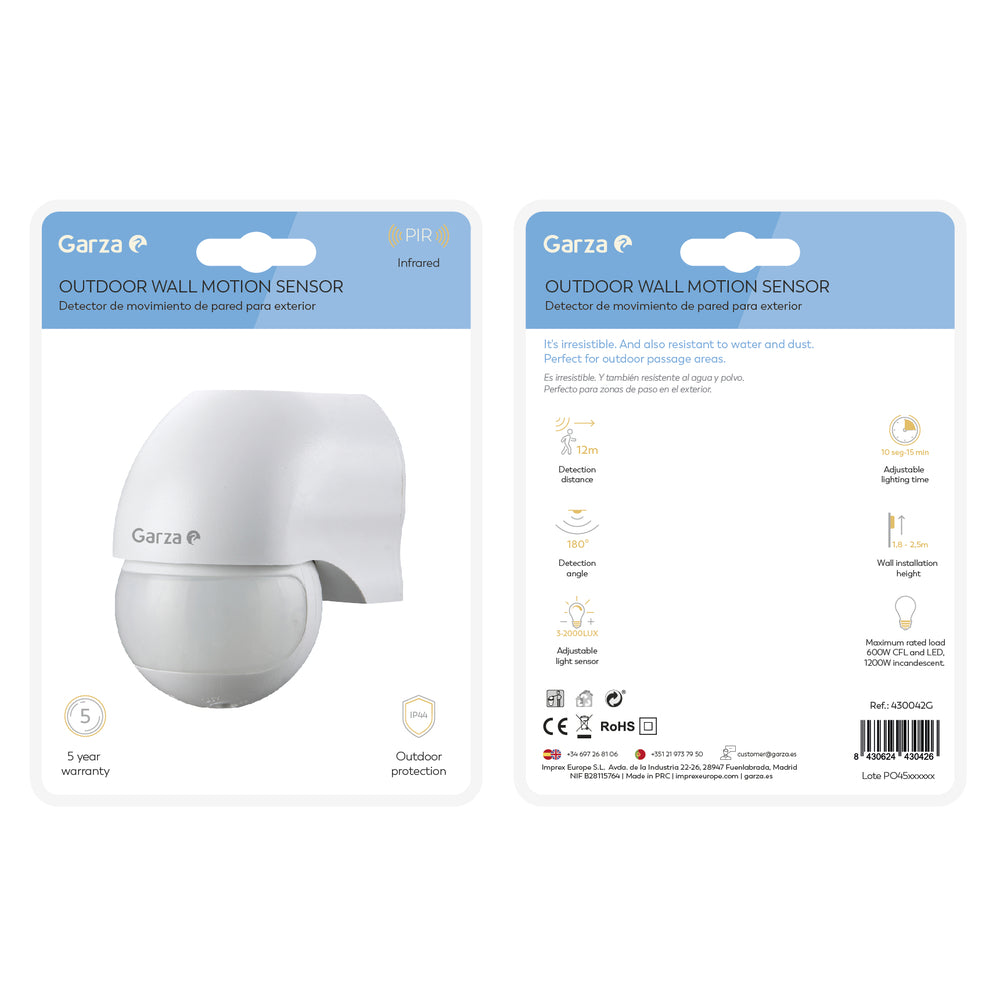 Detector de movimiento Infrarrojo de exterior 180º, Blanco