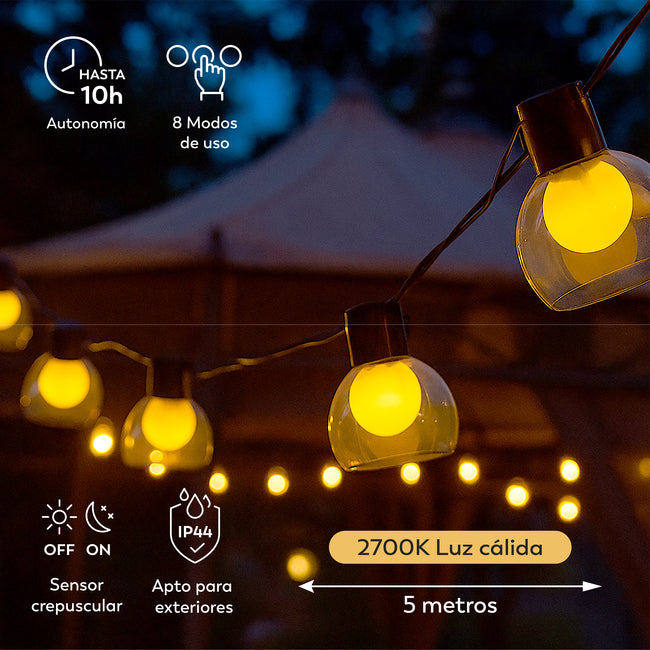 Guirnalda solar Helios con globos de cristal ahumado - Características