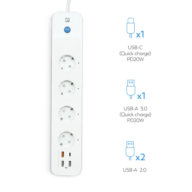 Regleta Wifi Con Interruptor, 4 Tomas + 2 Usb A, Usb C Y Usb 3.0 Carga Rápida - Características