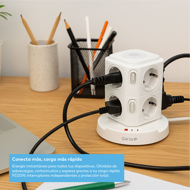 Regleta torre sobremesa con 8 tomas Schuko, 1 USB-A QC3.0 y 2 USB-C carga rápida PD20W - Características