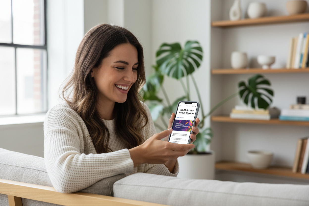 una imagen de una mujer con un móvil en la mano recibiendo la newsletter de Garza