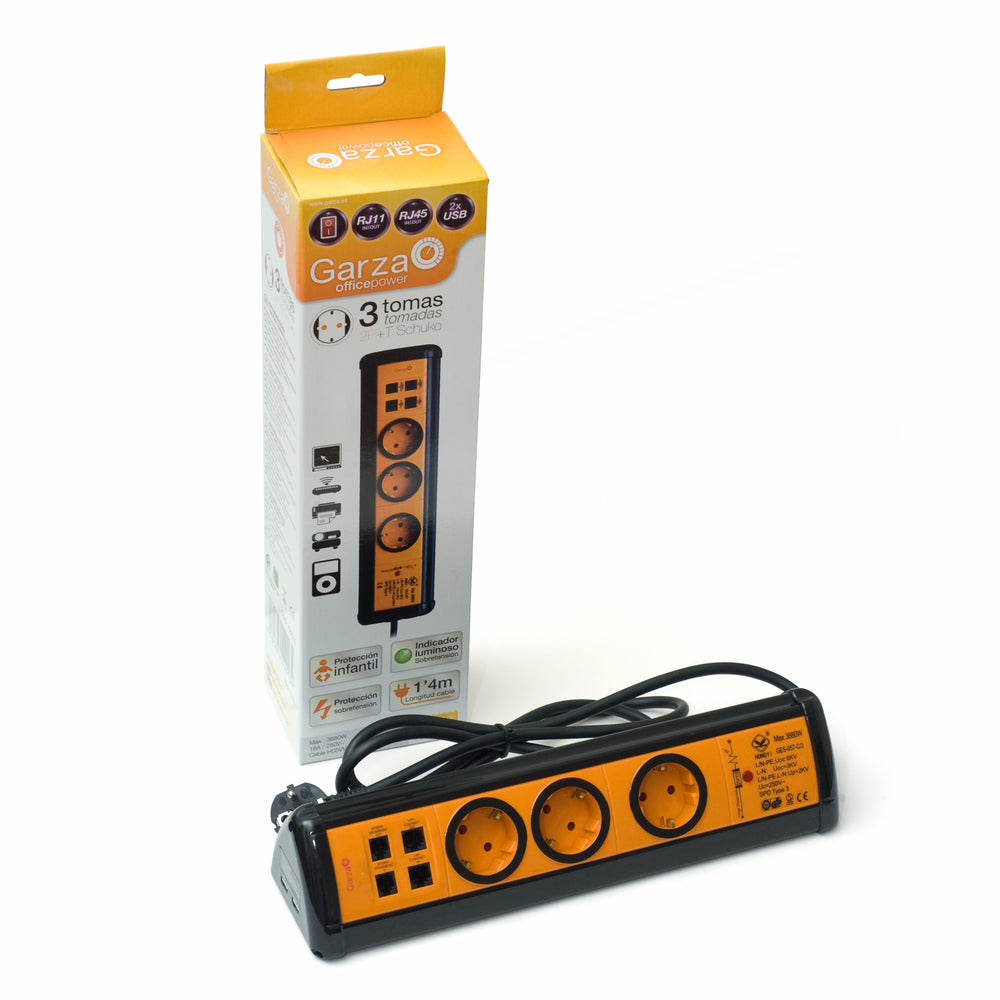 Regleta Garza Profesional con interruptor de color naranja para 3 tomas + 2 USB + 2 RJ11 + 2 RJ45 de 1.4 metros de cable, 1