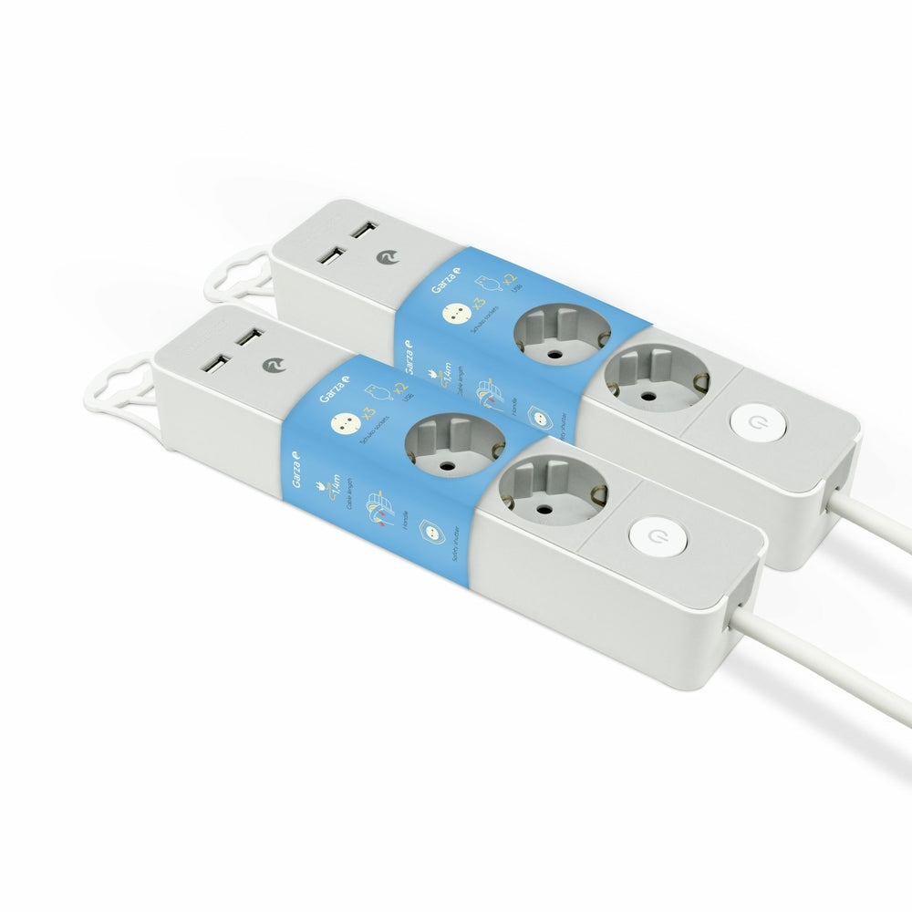 Garza -Pack 2  Regleta Design Gris con Interruptor, 3 Tomas + 2 USBs, Cable 1.4 m, Enchufe Plano, Protección Infantil