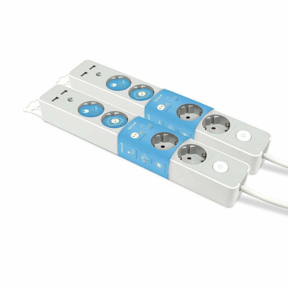 Garza -Pack 2  Regleta Design Gris con Interruptor, 5 Tomas + 2 USBs, Cable 1.4 m, Enchufe Plano, Protección Infantil