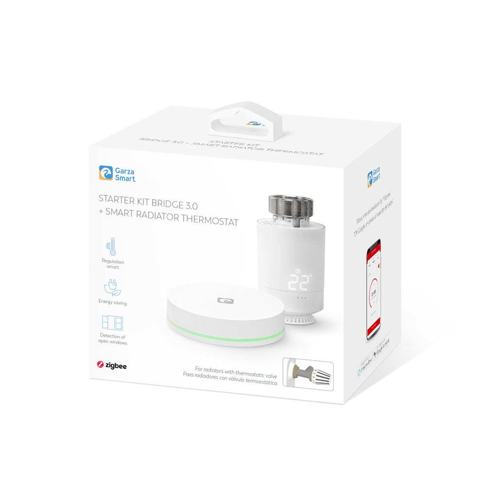 Kit Smart Zigbee formado por Gateway Zigbee 3.0 y Cabezal Termostático para radiadores que dispongan de válvula termostática y su integración en la app Garza Sm