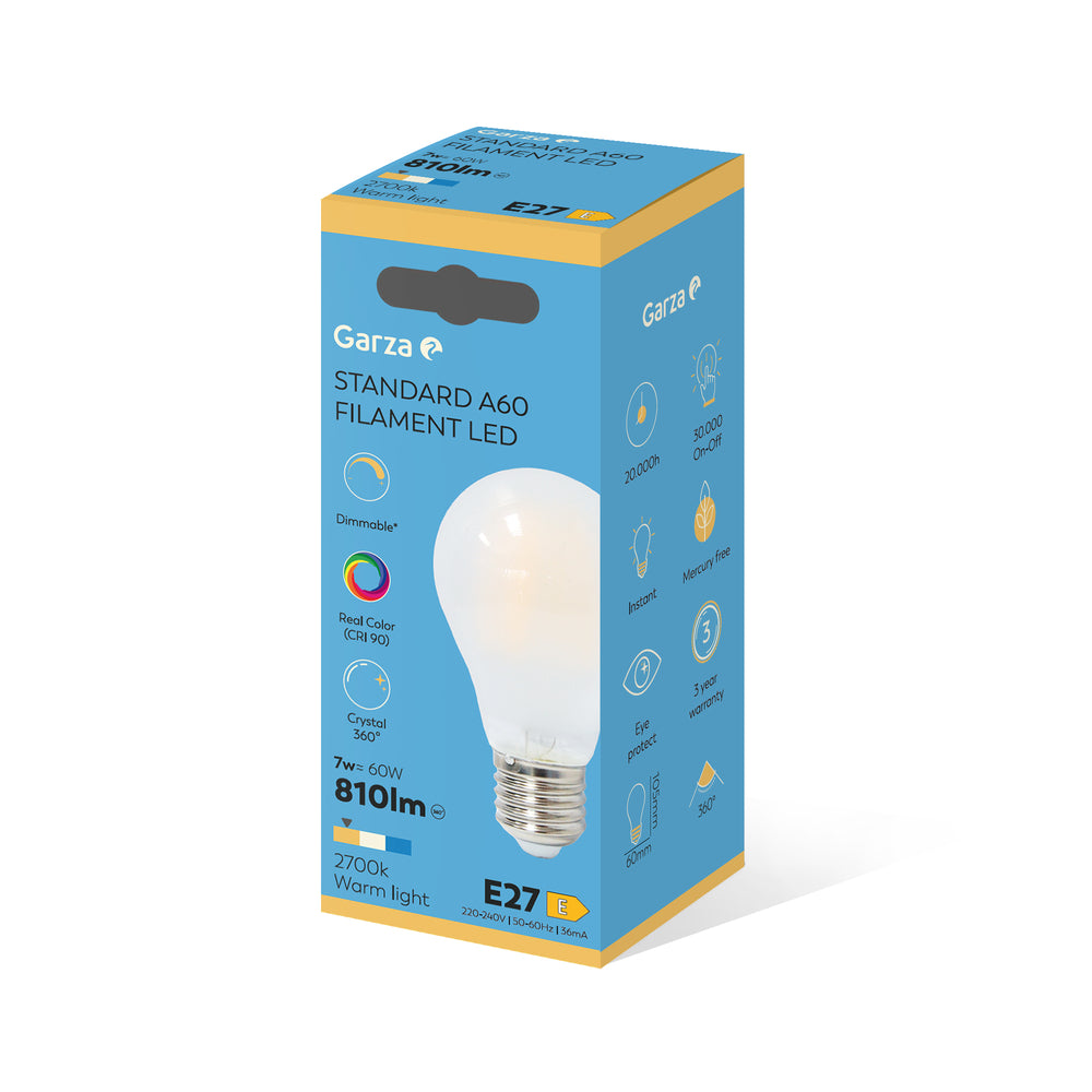 Garza - Bombilla LED Filamento CRI Estándar A60, Casquillo E27, Luz cálida (2700k), 7W, 810 Lúmenes, Ángulo de Luz de 360º, CRI 90, Regulable.