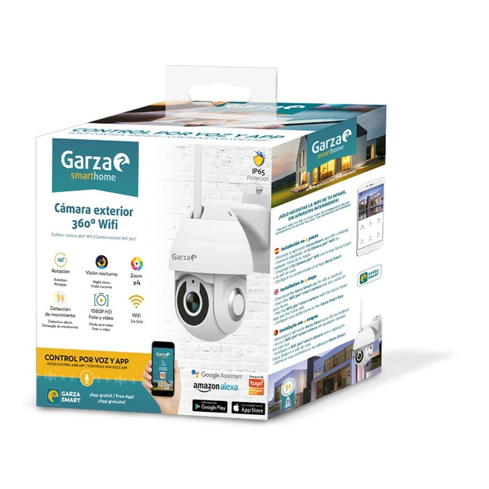 Garza Smarthome - Cámara Wifi de exterior 360º 1080p HD, Impermeable y con Visión Nocturna y Detección de Movimiento