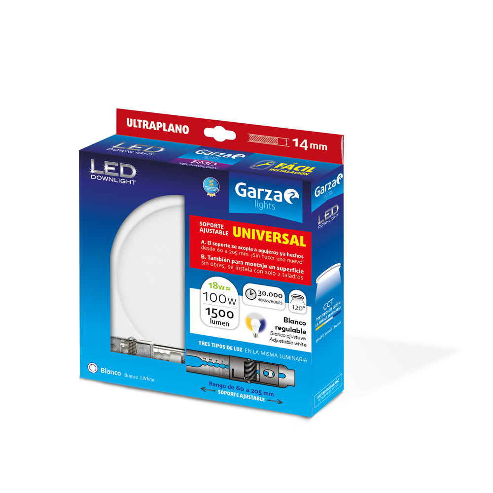 Downlight Ajustable LED Circular Blanco 225mm y ajustable hasta 217mm, 18W, 1500 lúmenes, CCT