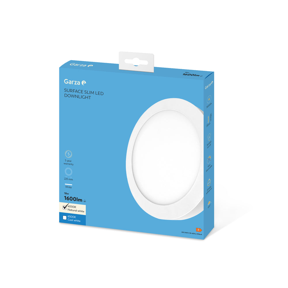 Downlight de Superficie LED Circular Blanco 18W, ø225x35mm, 1600 lúmenes, 4000K