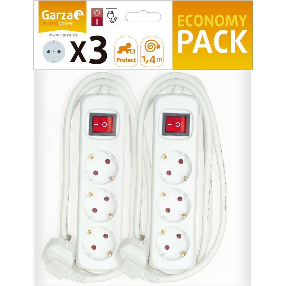 Regleta Basic con interruptor iluminado color blanco, 3 tomas, cable de 1.4 metros, Pack x2